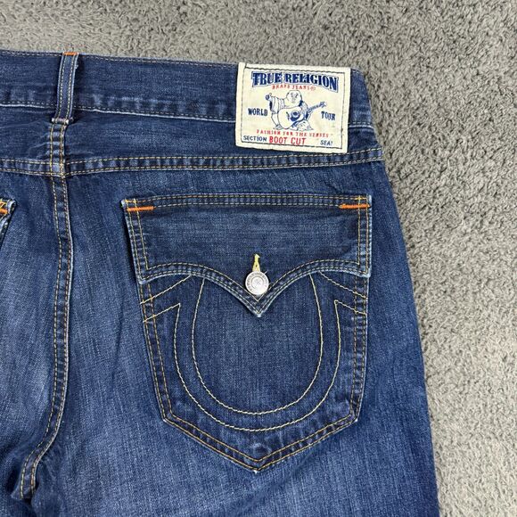 True Religion Jeans Mens 38x33 Blue Bootcut Dark Wash Denim Made in USA - Picture 10 of 16